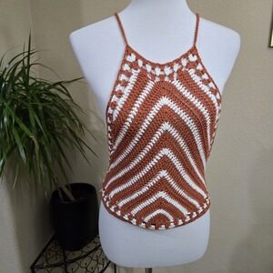 Sans Souci Crochet Halter Top Medium Orange White Boho Festival Beach